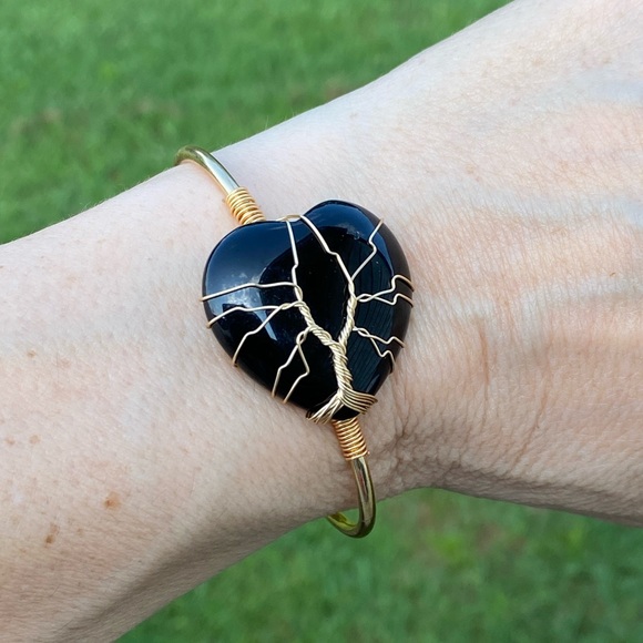 Genuine Black Onyx gemstone Heart Bracelet tree of life wire wrapped bracelet - Picture 2 of 12